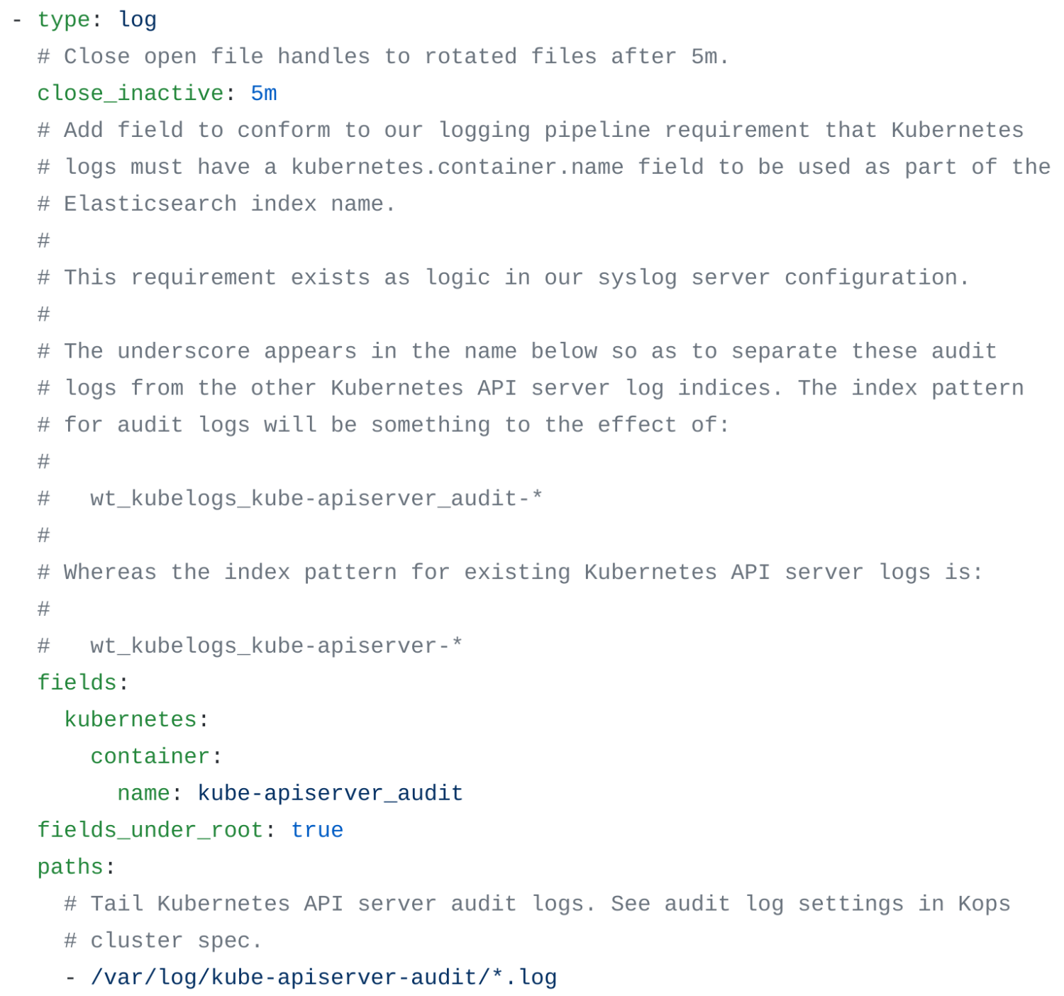 Filebeat configuration to tail Kubernetes audit logs.