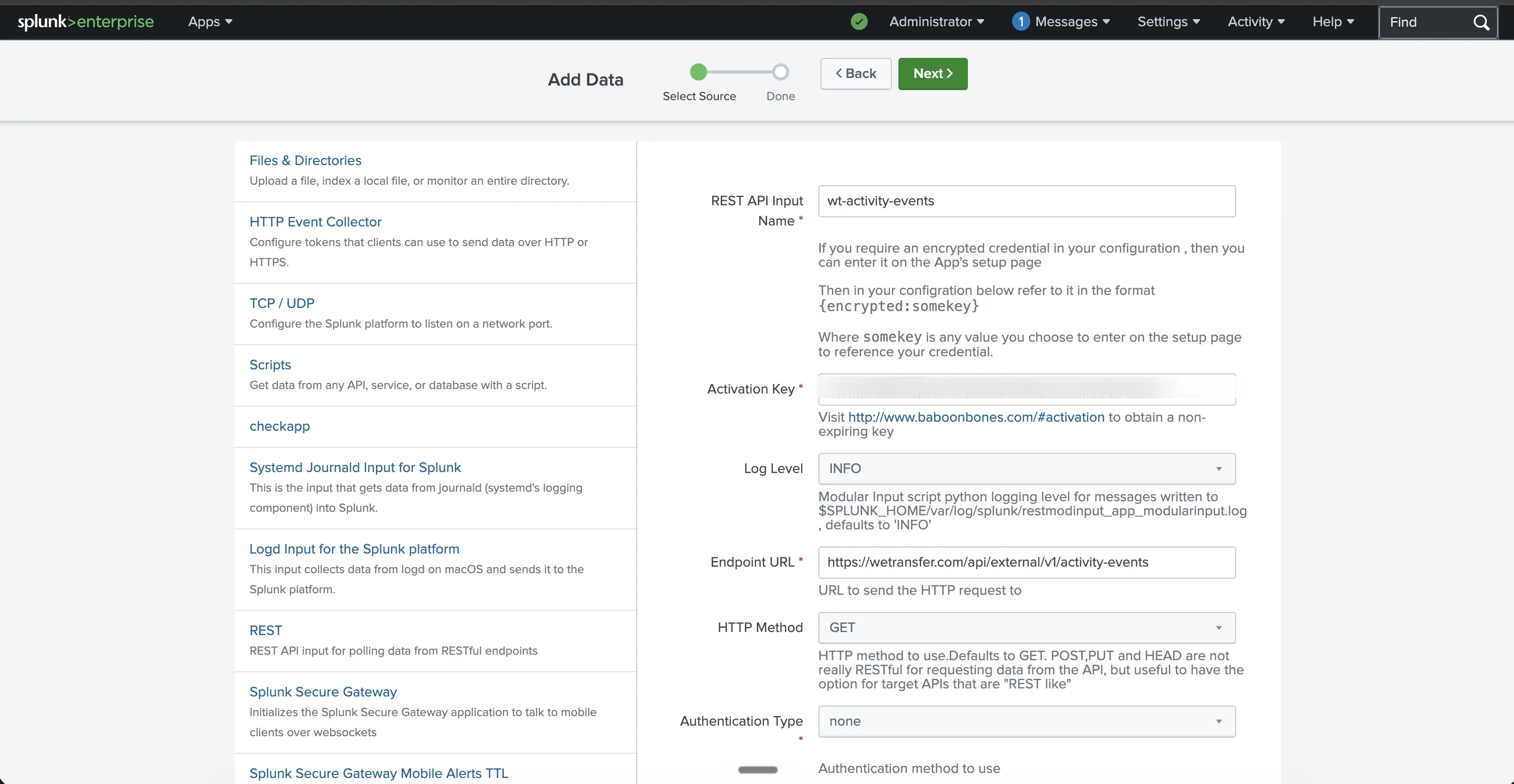 Filled-in REST input form in Splunk